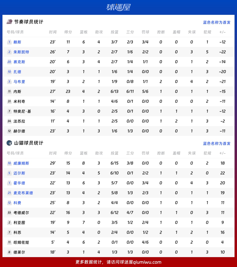 节奏vs山猫球员数据